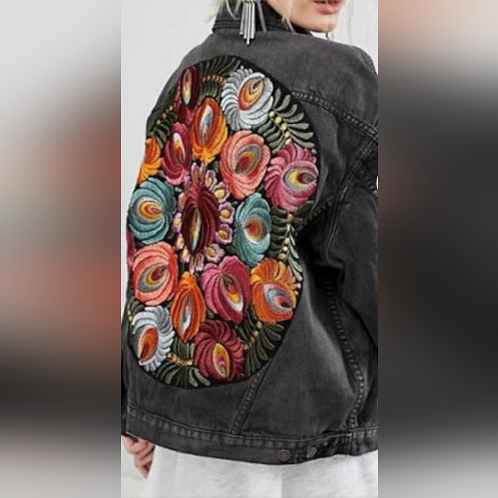 NEW! Boho Embroidered Distressed Oversized Denim Jacket